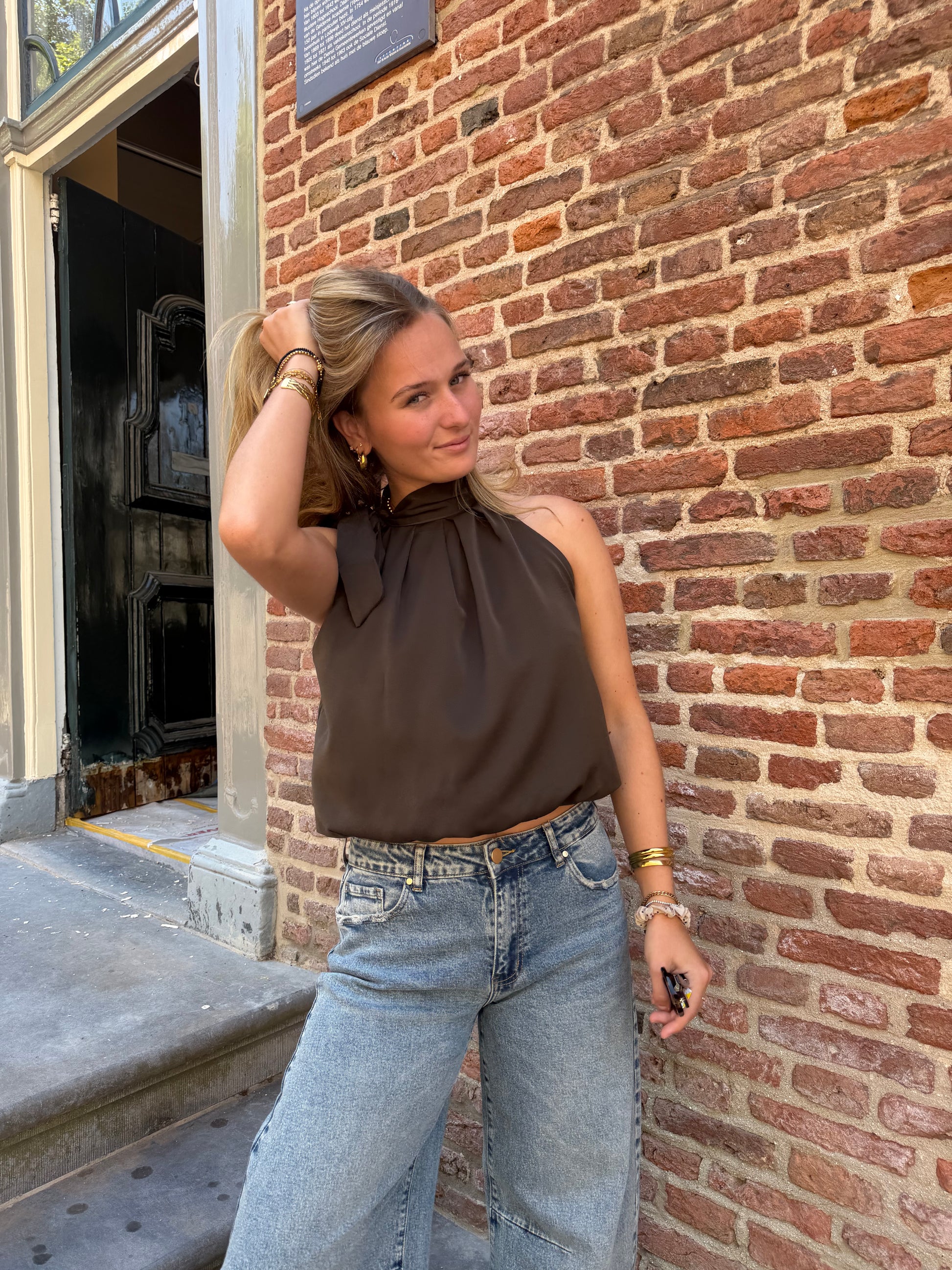 Top Halter Satin Army Green voor dames