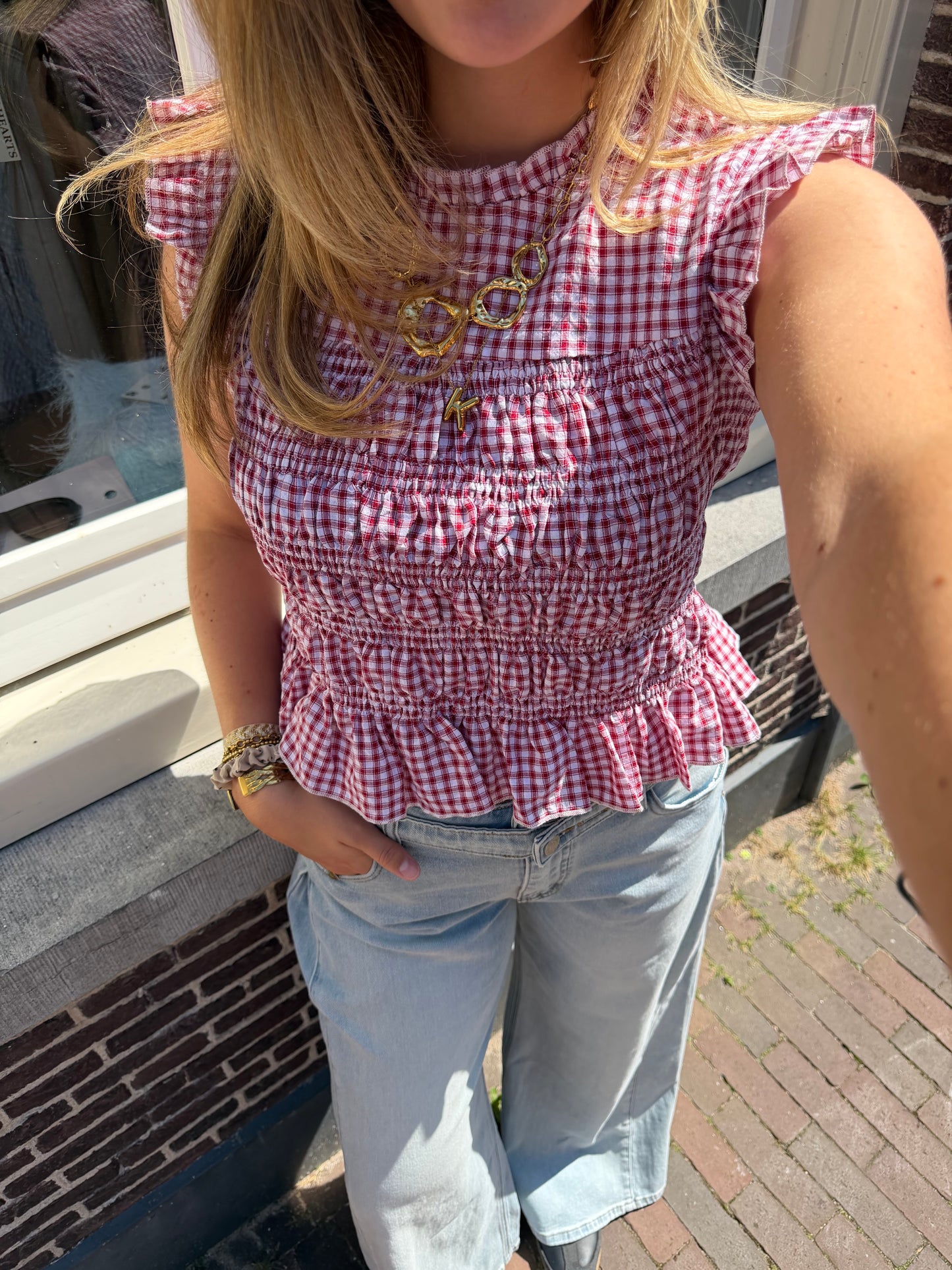 Top Smock Check Red voor dames