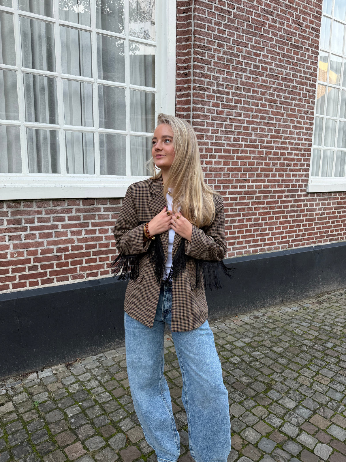 Blazer Fringe Check Brown voor dames