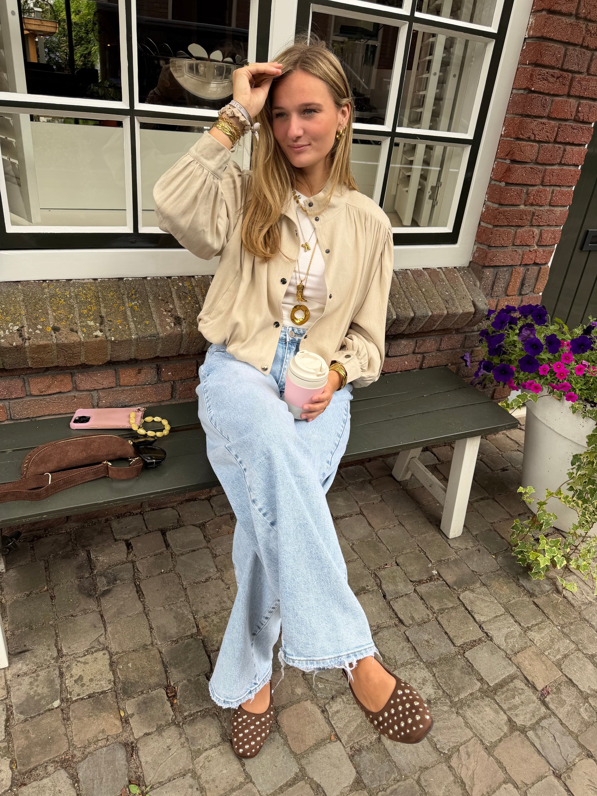 Jacket Short Button Beige voor dames