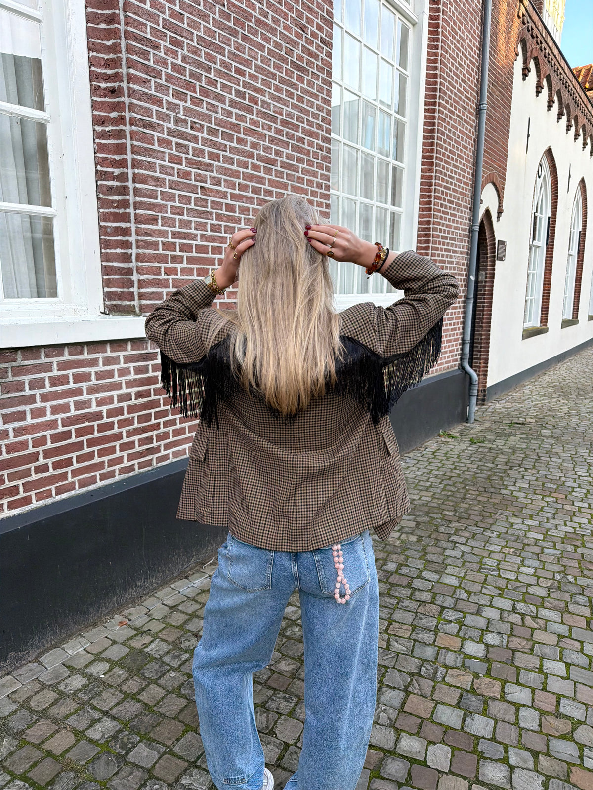 Blazer Fringe Check Brown voor dames