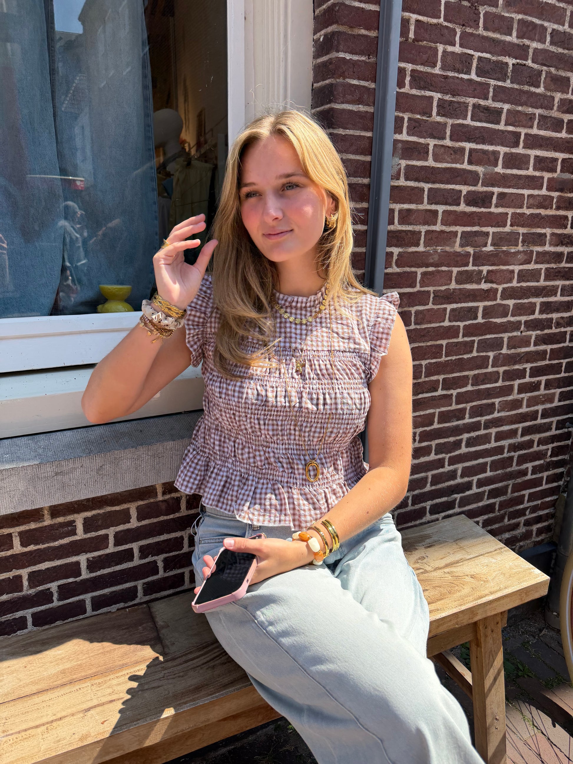 Top Smock Check Brown voor dames