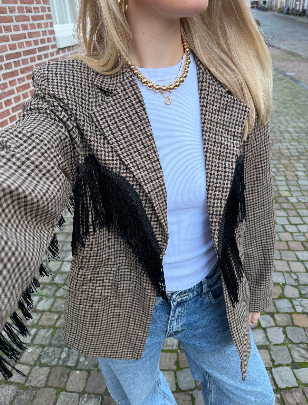 Blazer Fringe Check Brown voor dames