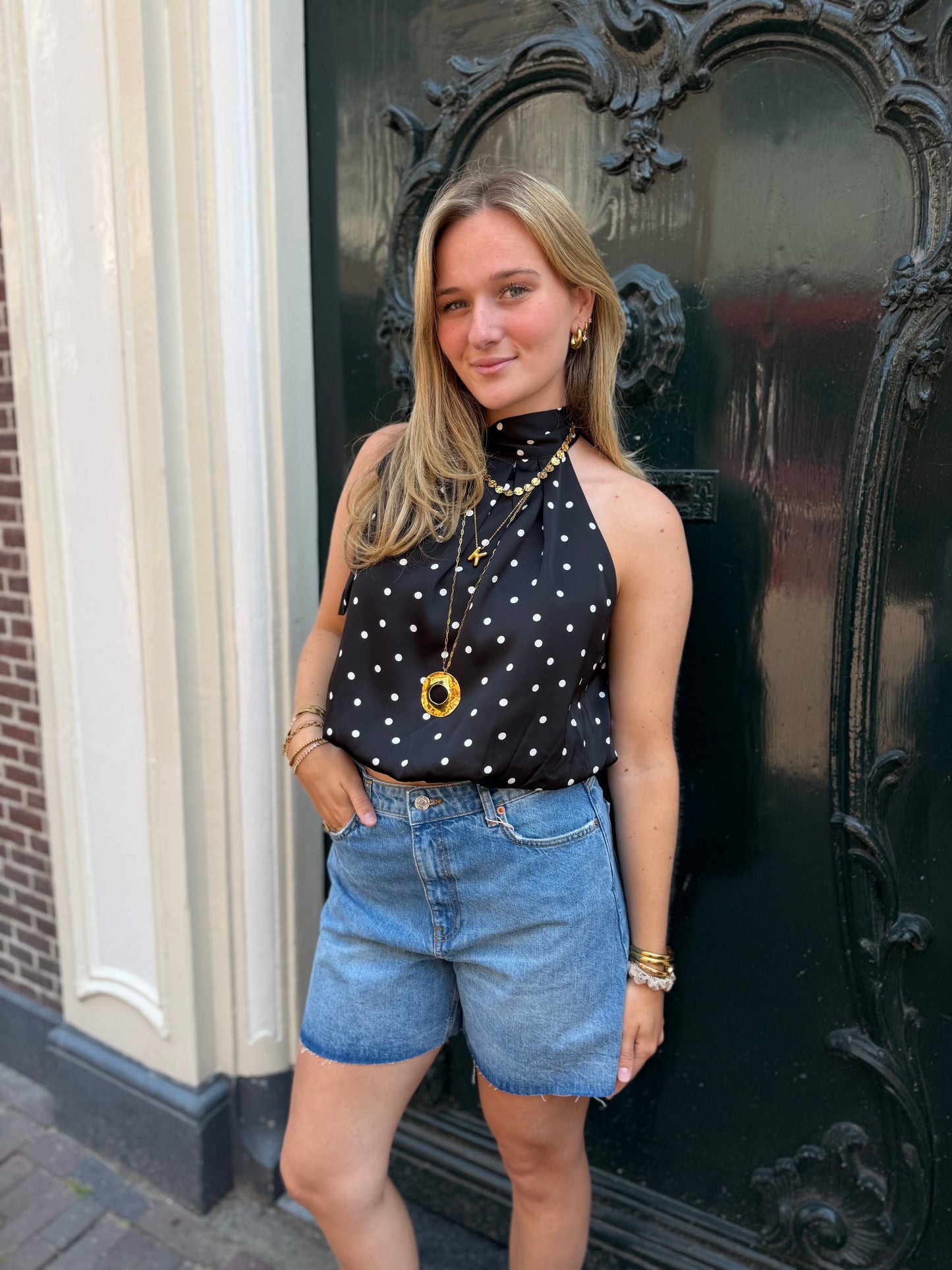 Top Halter Satin Dots Black voor dames