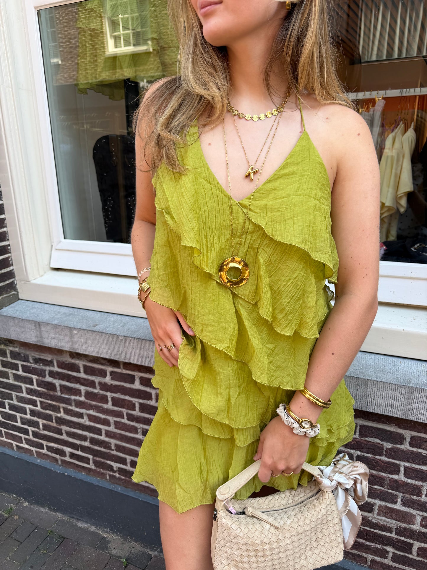 Dress Short Ruffles Green voor dames