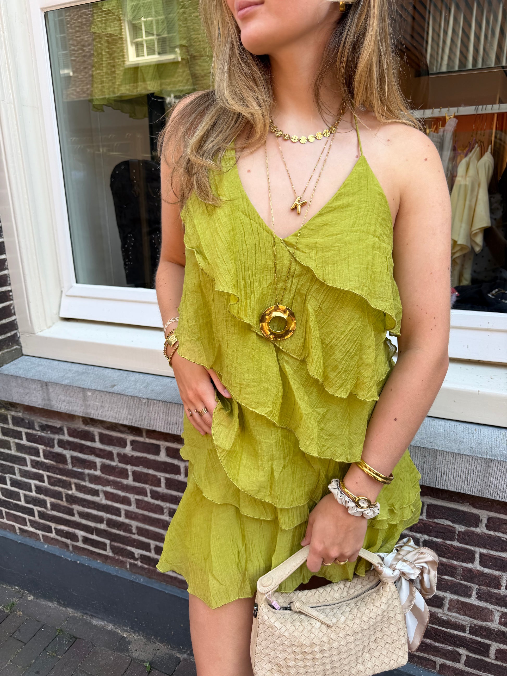 Dress Short Ruffles Green voor dames