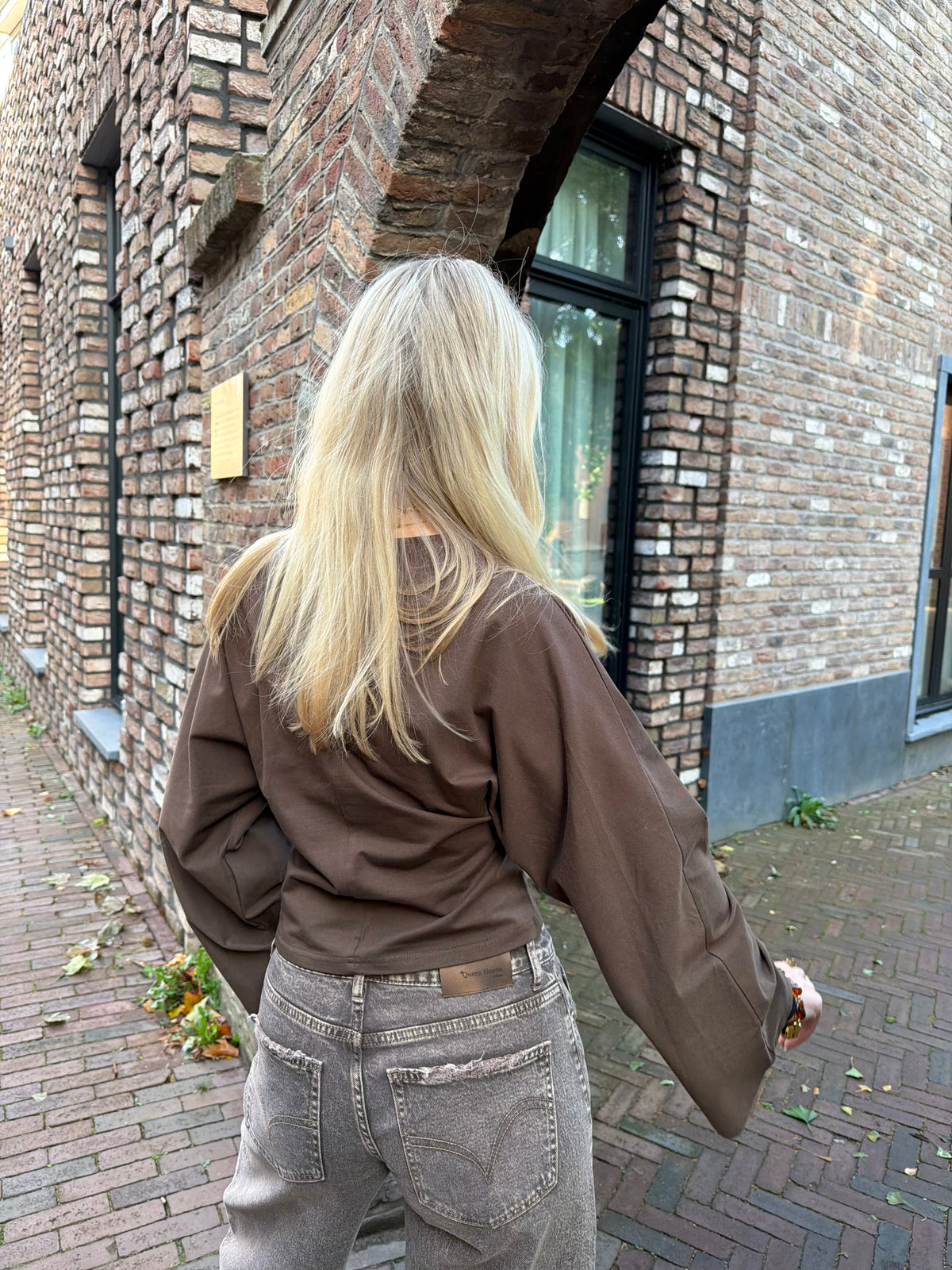 Top Ielse Brown, bruine dames top met wijde lange mouwen en een getailleerde pasvorm.