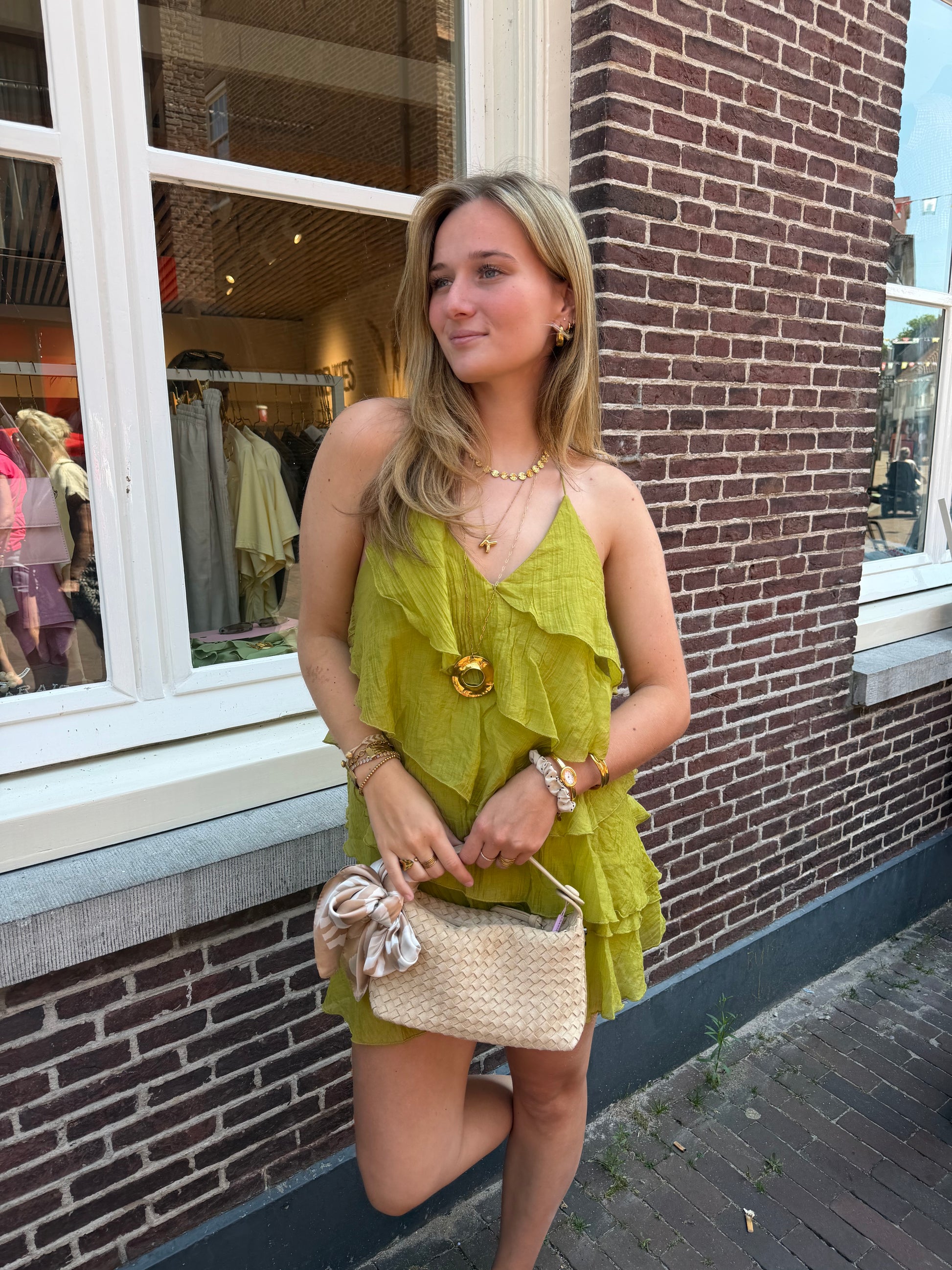 Dress Short Ruffles Green voor dames