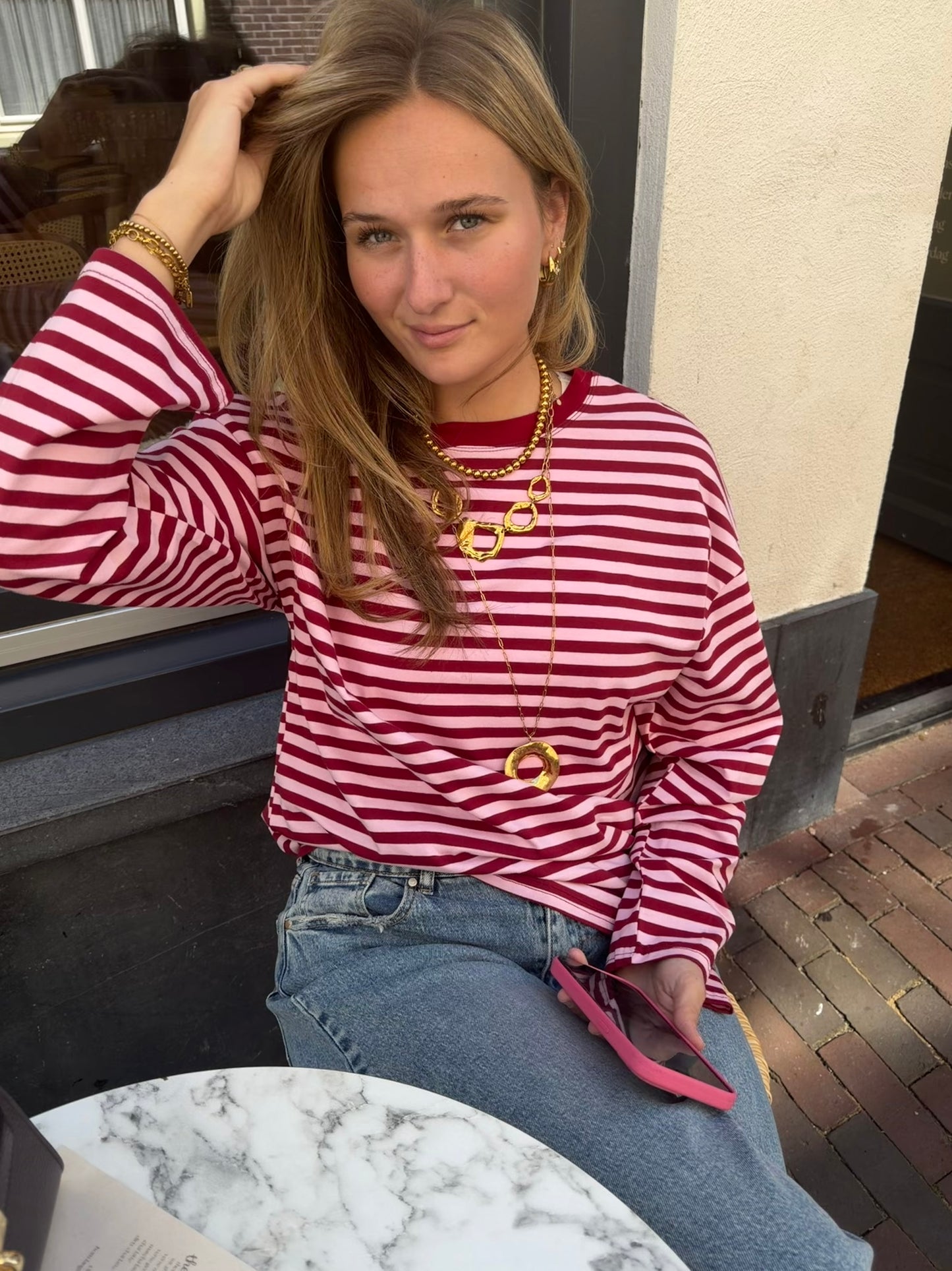 Longsleeve Stripes Pink Bordeaux voor dames