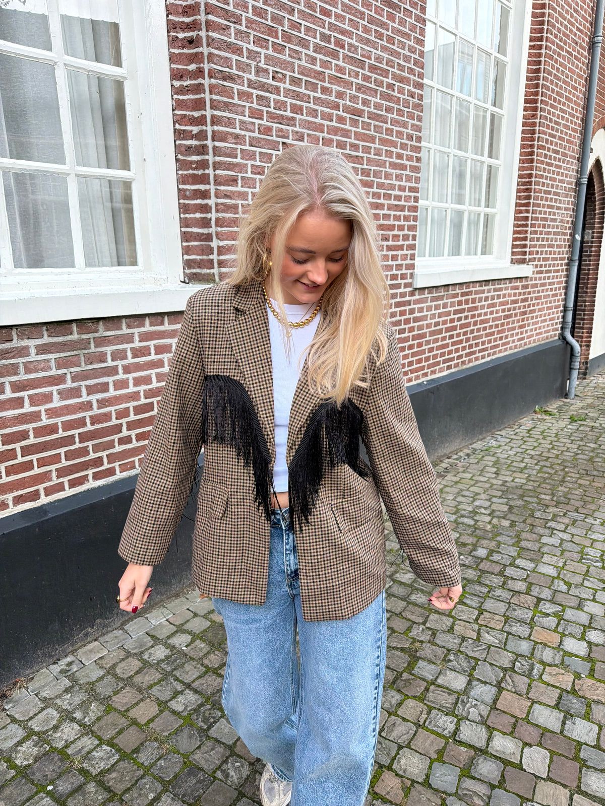 Blazer Fringe Check Brown voor dames