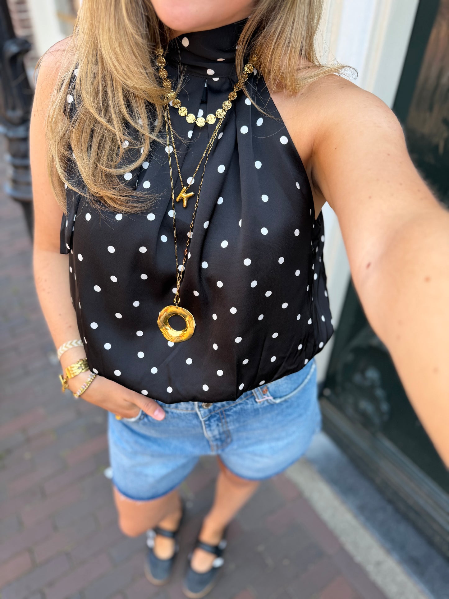 Top Halter Satin Dots Black voor dames
