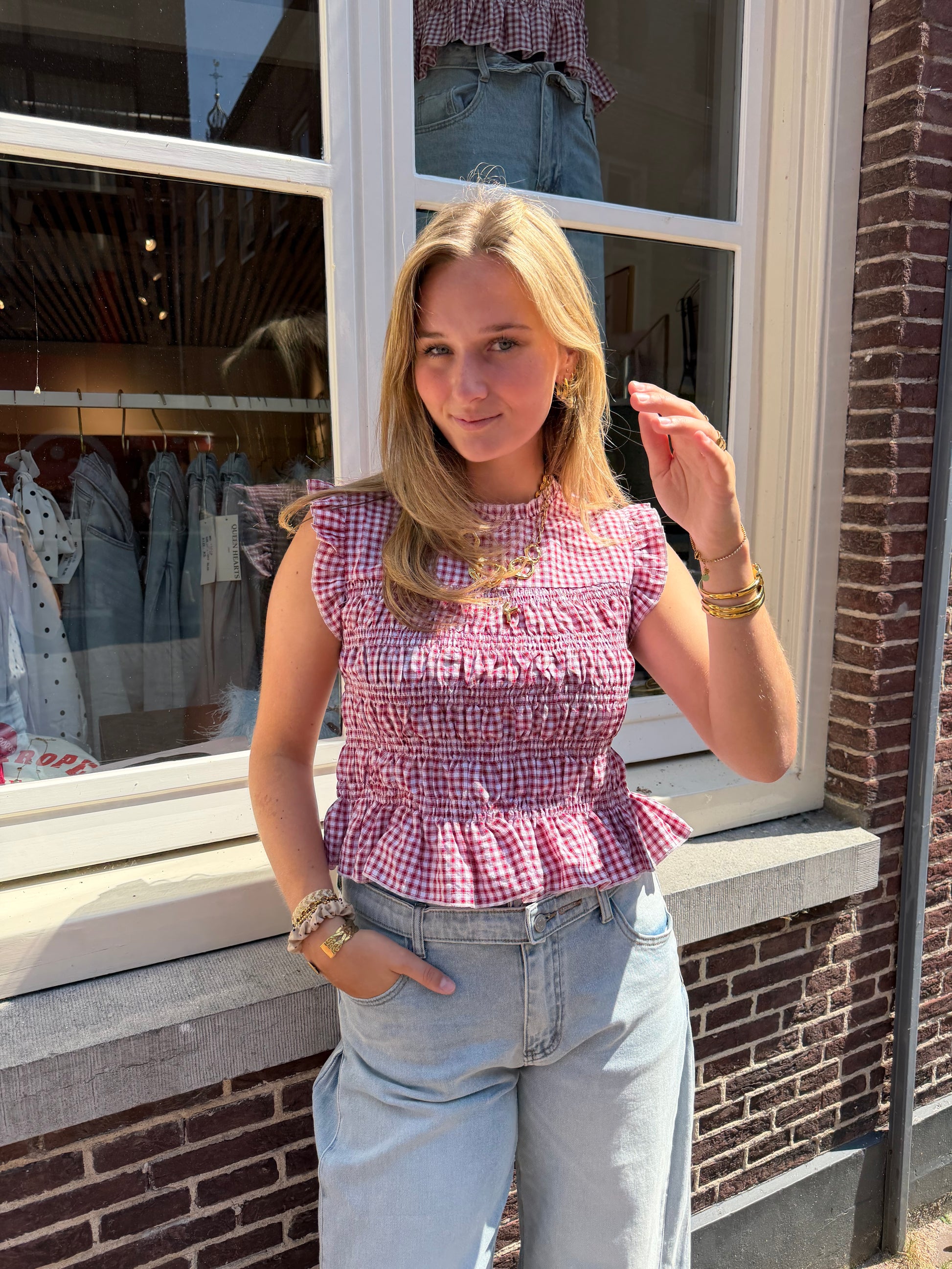Top Smock Check Red voor dames